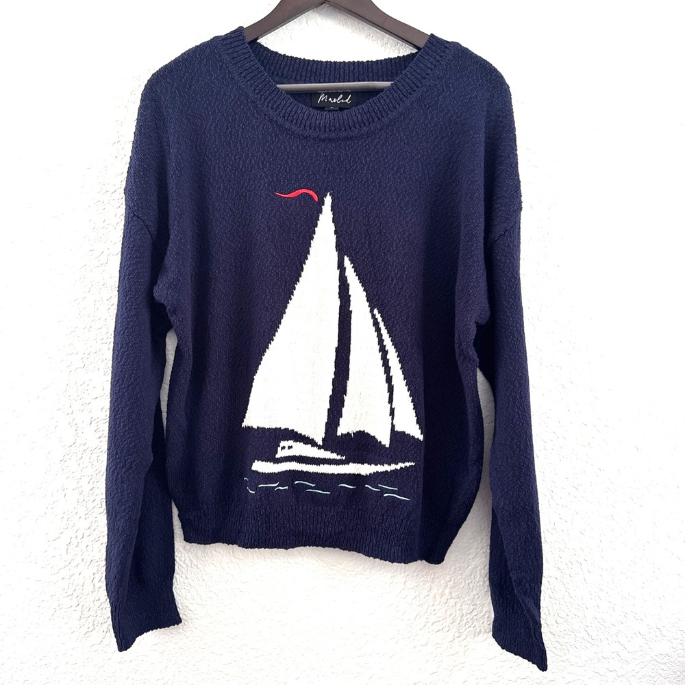 NWT Marled Sailboat Graphic Knit Crewneck Sweater Navy Womens Size L Coastal